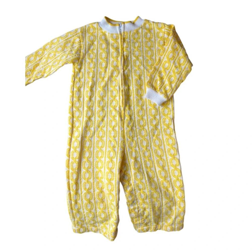 Vtg HEALTH-TEX Stantogs Romper Zip-Up YELLOW CHAIN PRINT Long Leg/Sleeve 18M